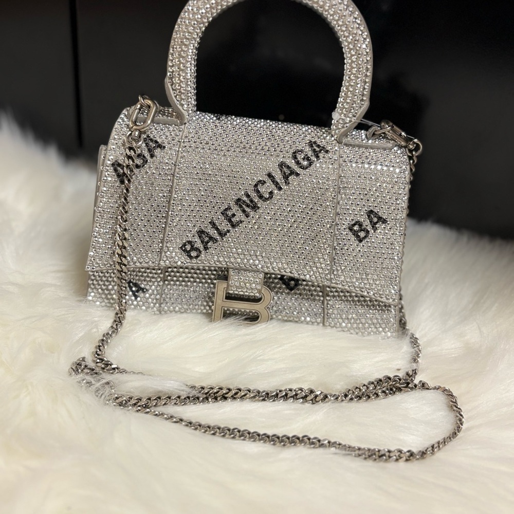 Balenciaga Hourglass HG Top Handle XS Strass Silver & Black Logo Rhinestone